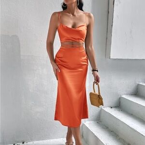 Orange Satin Midi Dress